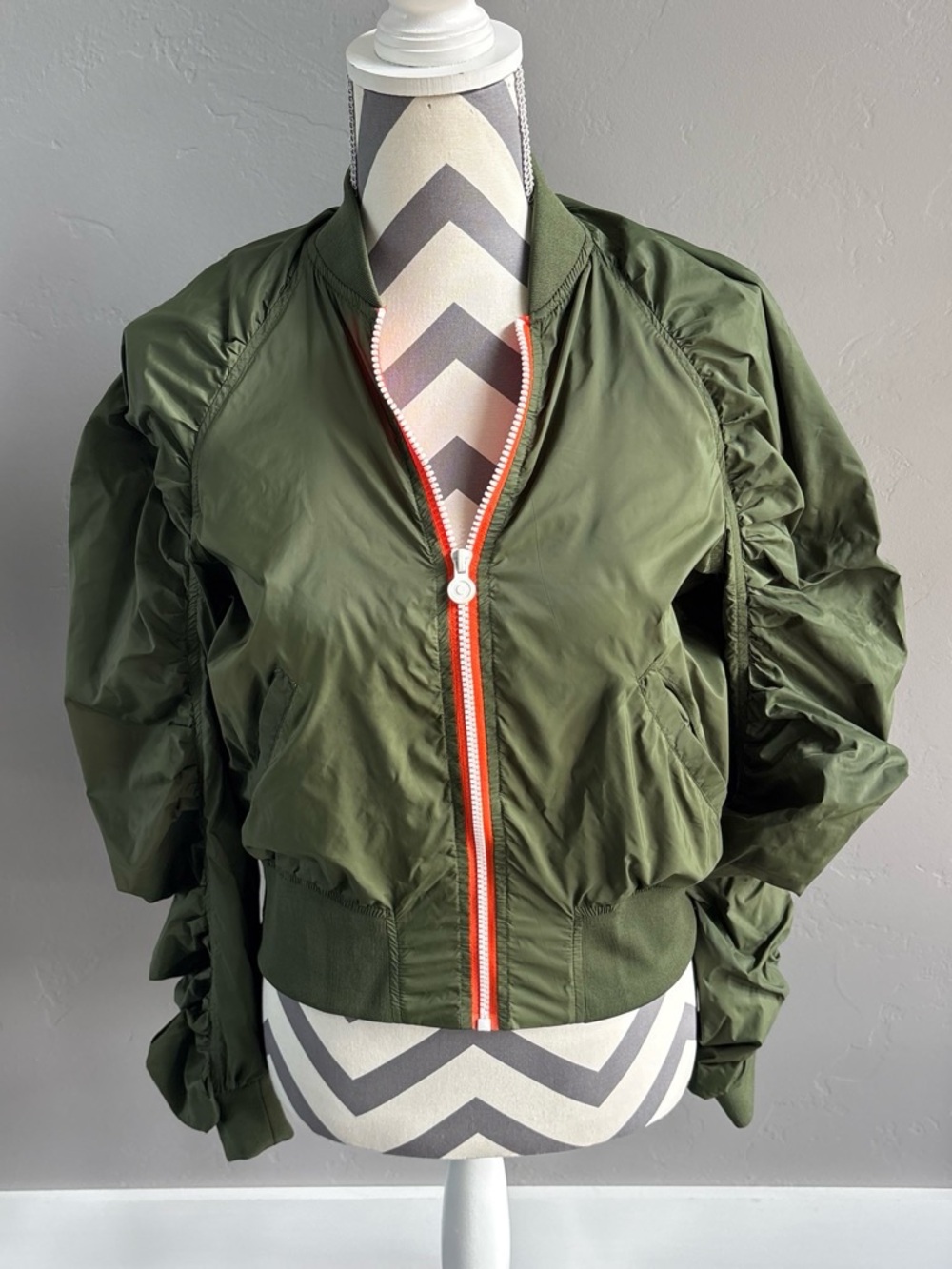 Hunter Olive Green Bomber Jacket with Orange-Trim Zip